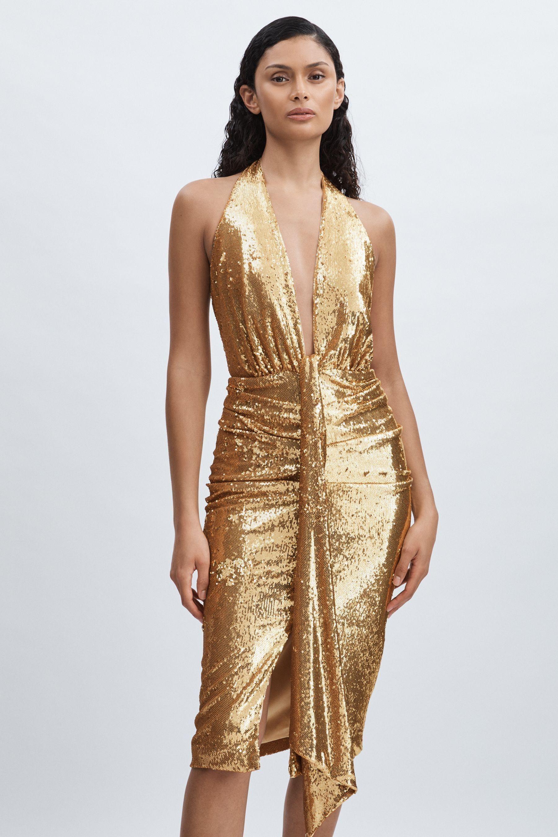 Halston Gold Sequin Halterneck Plunge Dress in Gold