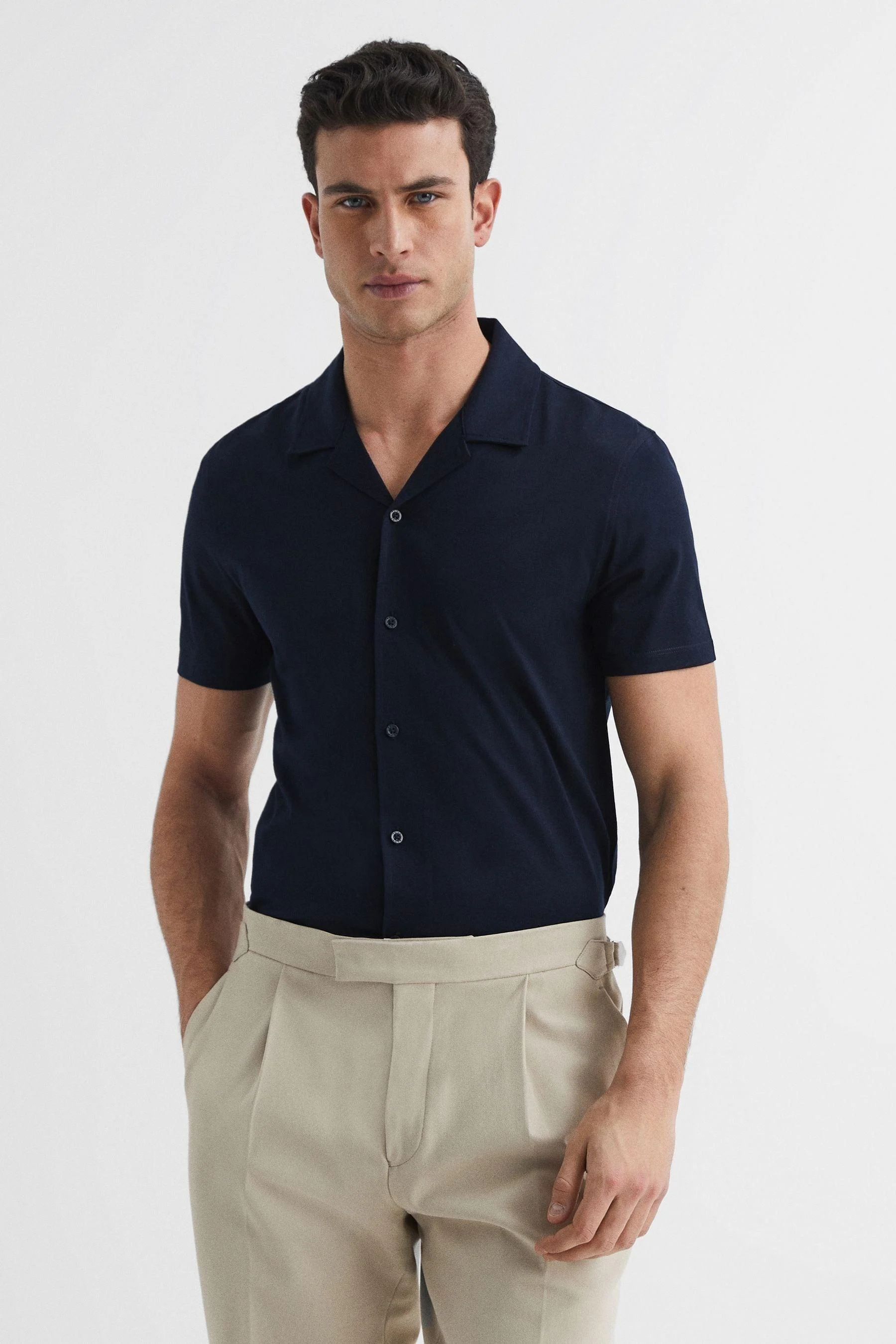 Mercerised 100% Cotton Jersey Cuban Collar Shirt in Navy