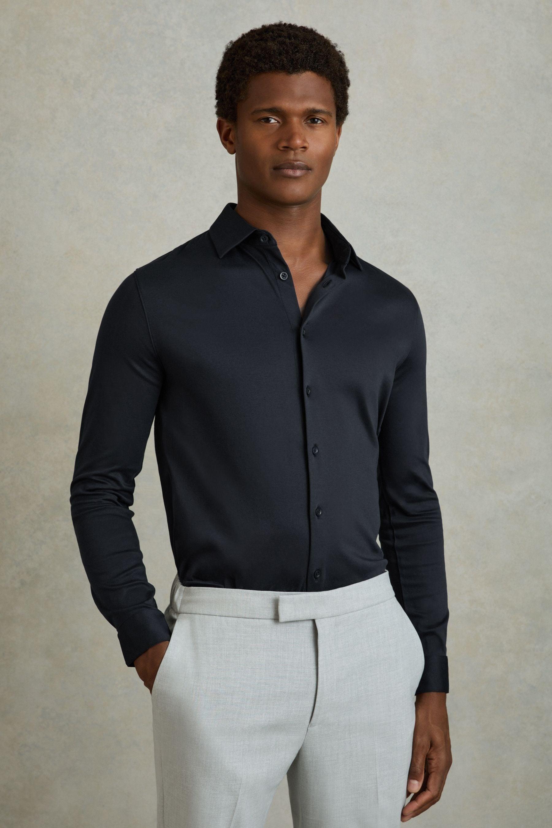 Slim Fit Mercerised Cotton Jersey Shirt in Navy