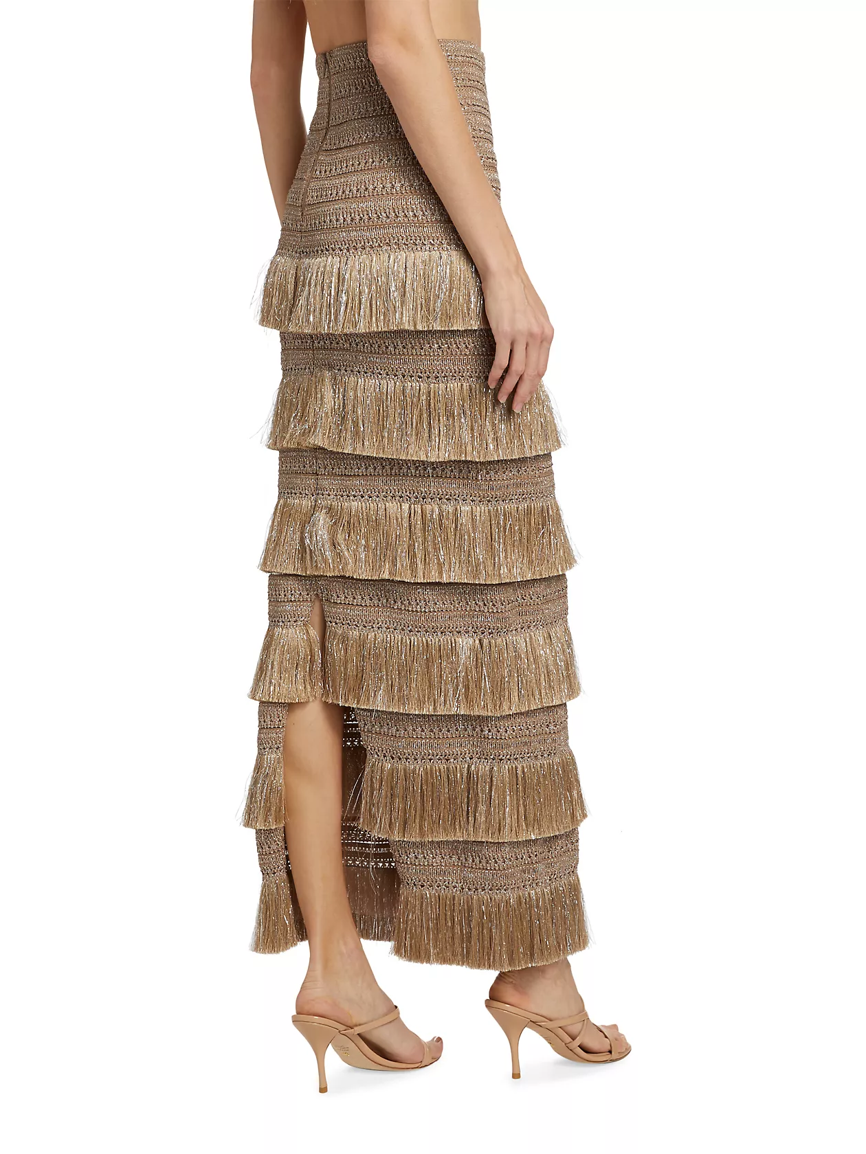 Metallic Tiered Fringe Midi-Skirt