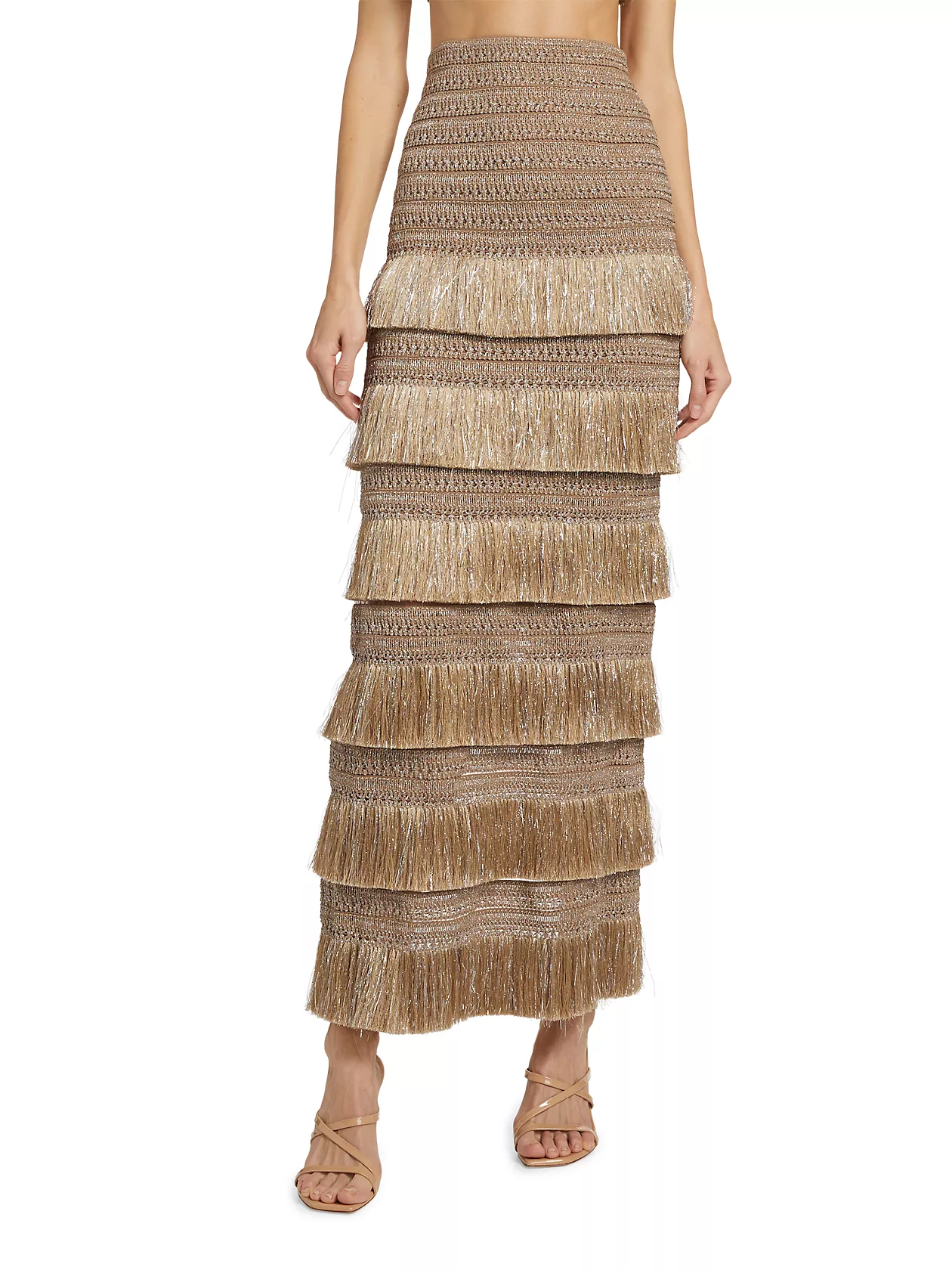 Metallic Tiered Fringe Midi-Skirt