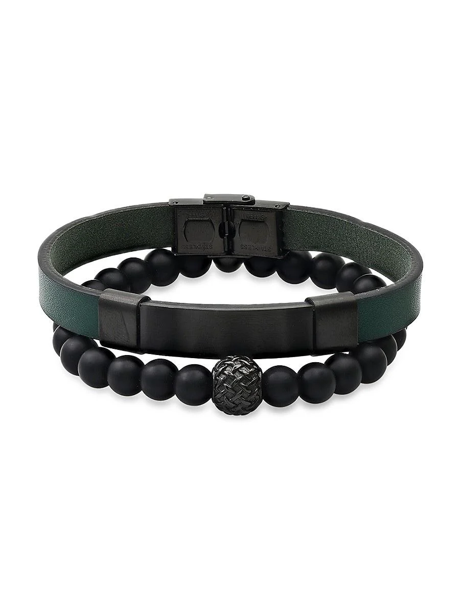 2-Piece Stainless Steel, Leather & Black Lava Beaded Bracelet Set