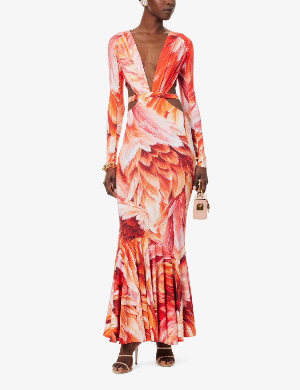 Floral-print long-sleeve stretch-woven maxi dress