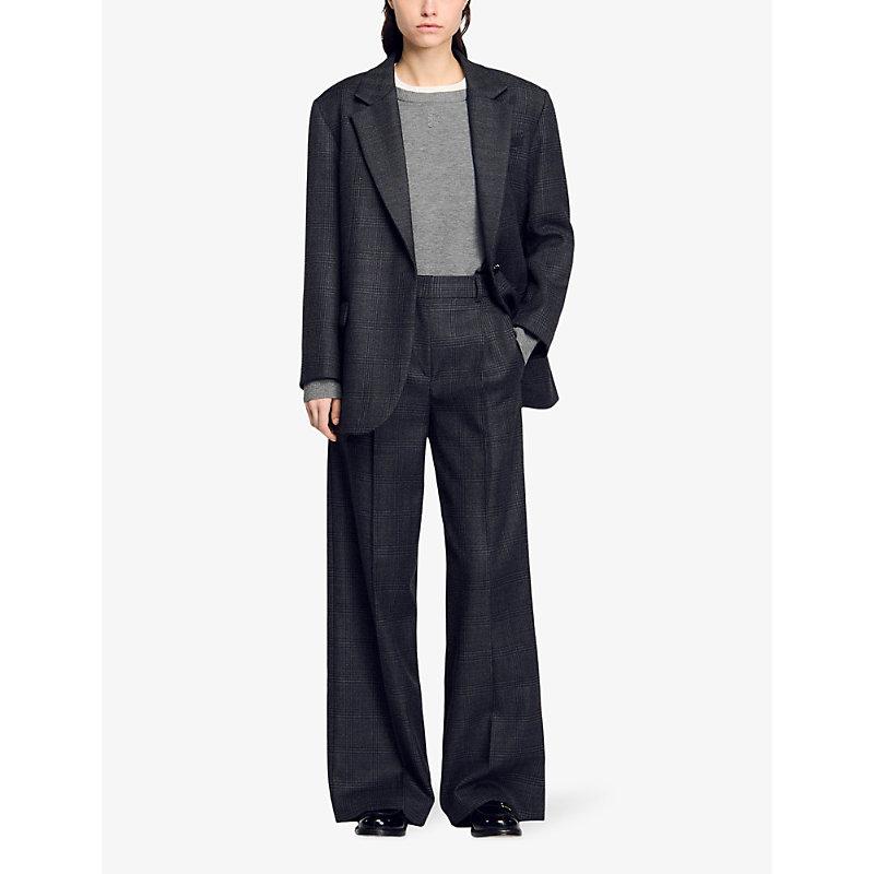 Wide-leg high-rise checked wool trousers