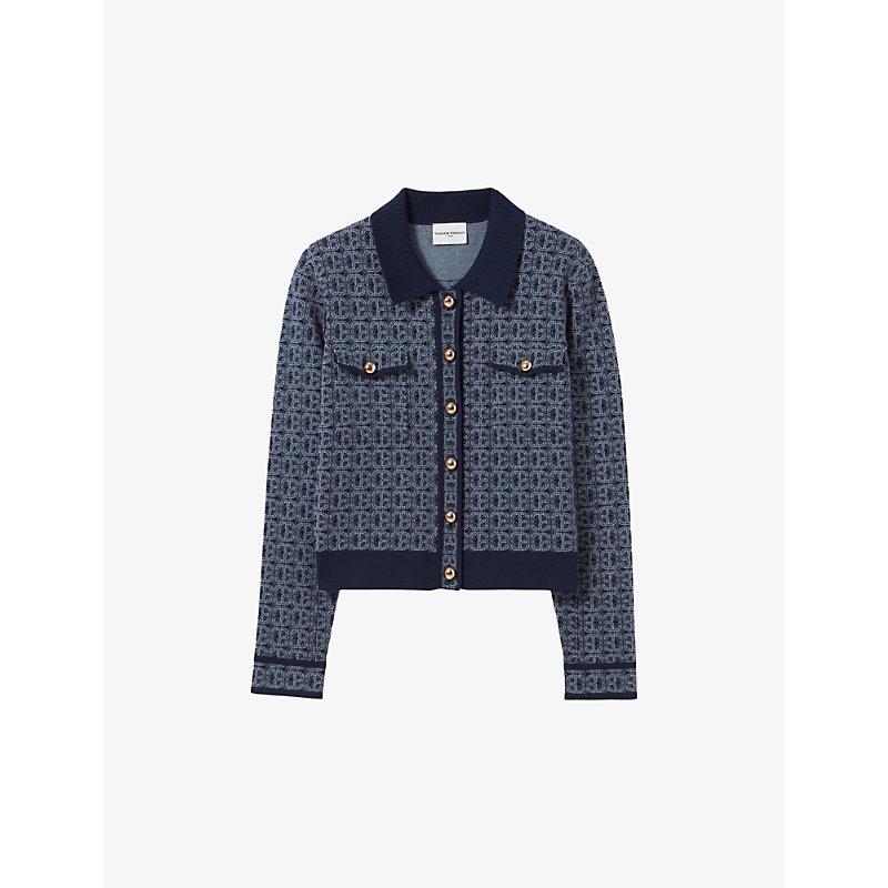 Monogram-print button-down collared knitted cardigan