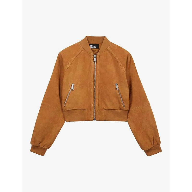 Stand-collar cropped suede bomber jacket