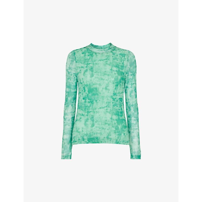 Brushwork-print long-sleeve stretch-mesh top