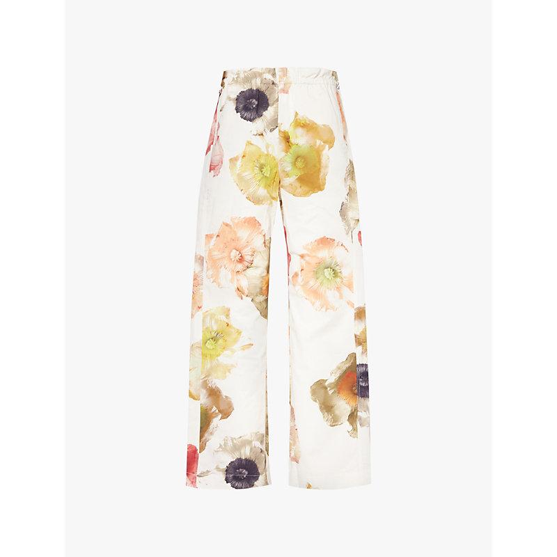 Flower-print straight-leg mid-rise organic cotton trousers