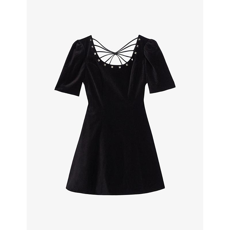 Stud-embellished round-neck cotton mini dress