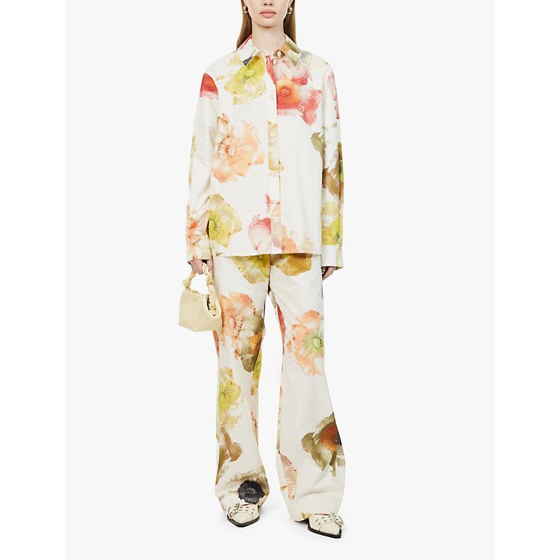 Flower-print straight-leg mid-rise organic cotton trousers