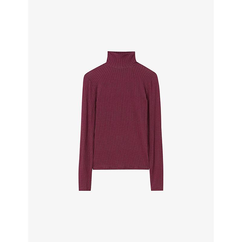 Funnel-neck long-sleeve stretch-woven top