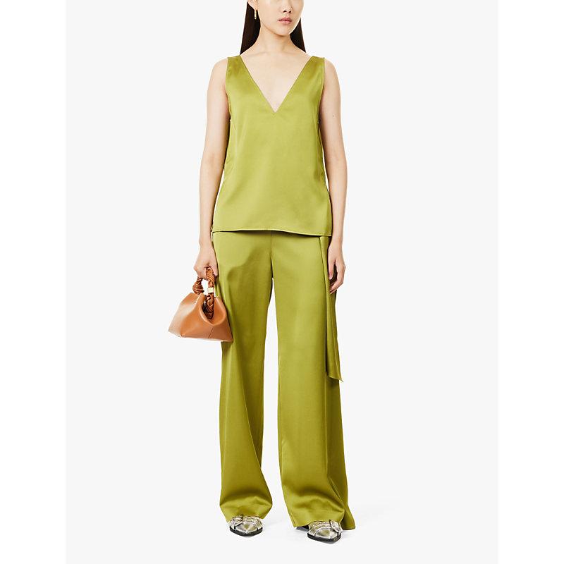 Self-tie wide-leg high-rise recycled-polyester satin trousers