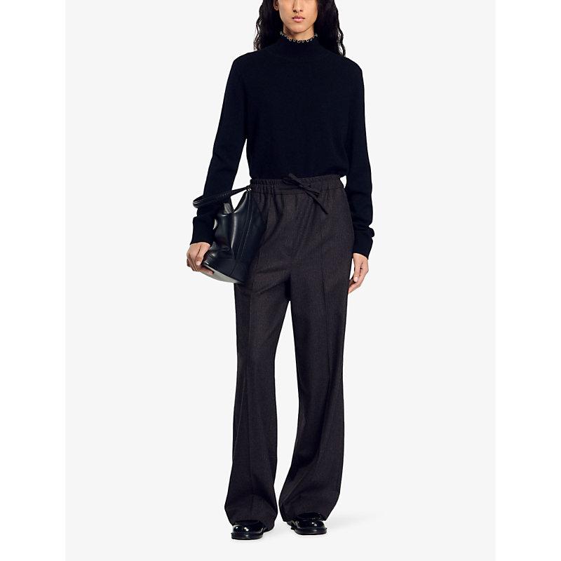 Wide-leg elasticated-waist wool-blend trousers