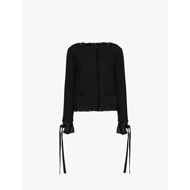 Round-neckline frayed edges wool jacket