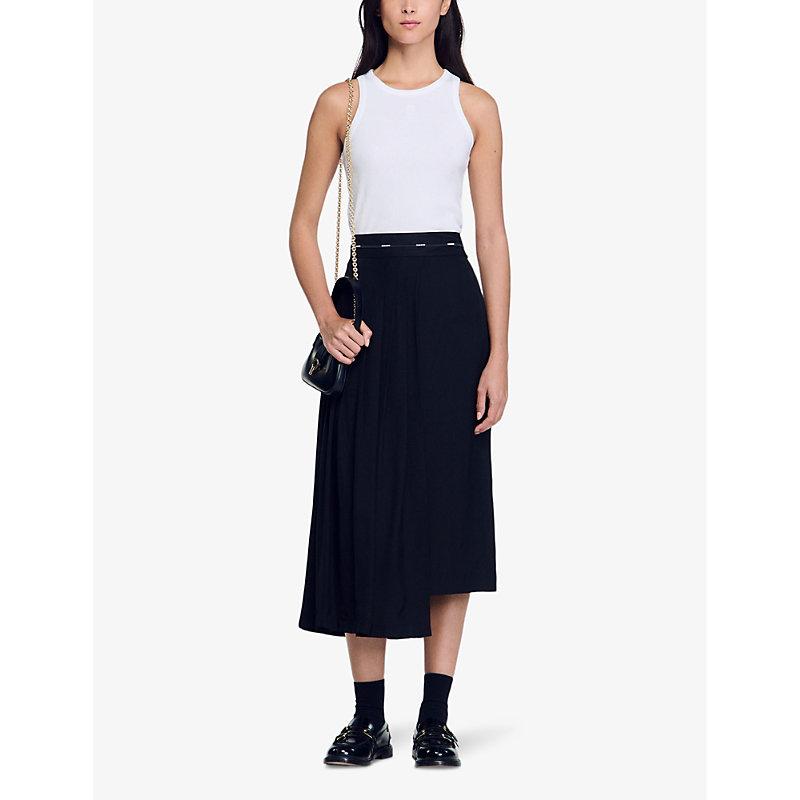 Logo-trim asymmetric-hem woven midi skirt