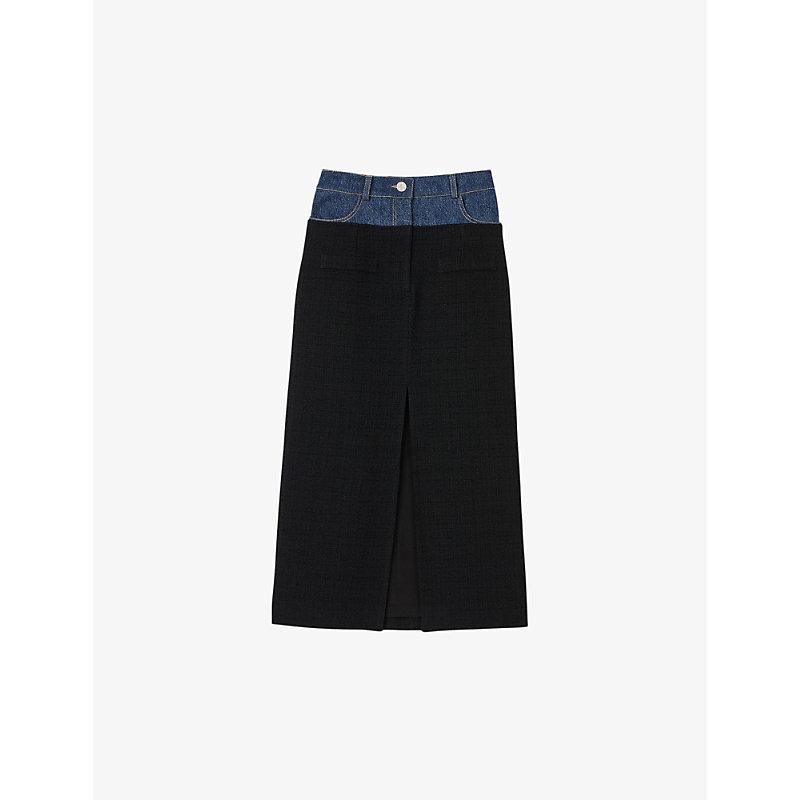 Denim-waist high-rise cotton-blend midi skirt