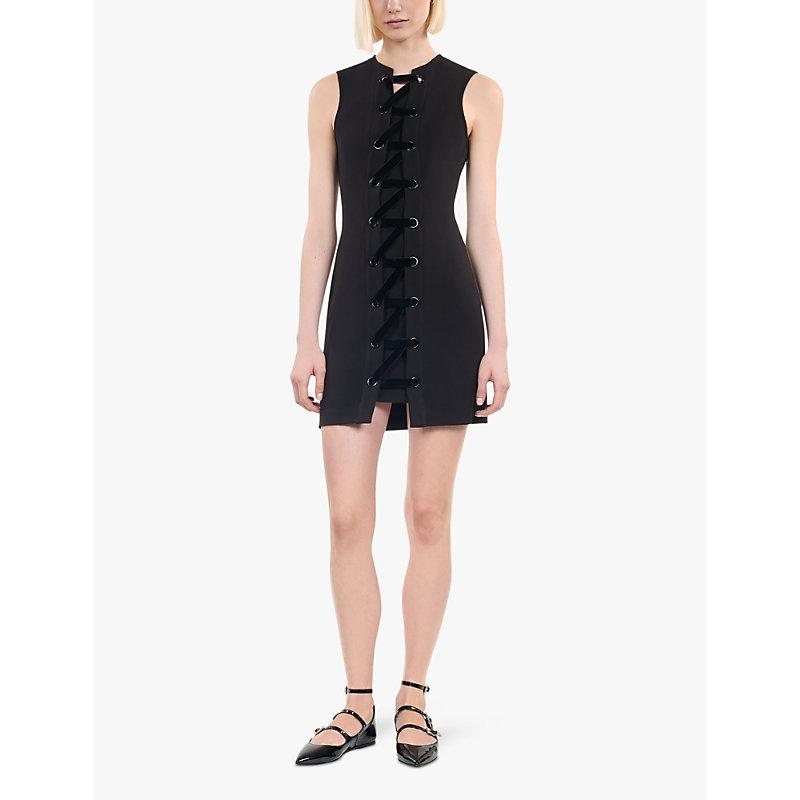 Sleeveless velvet-lacing stretch-woven mini dress