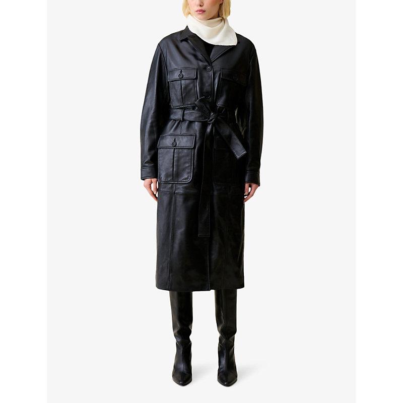 Patch-pocket belted-waist leather trench