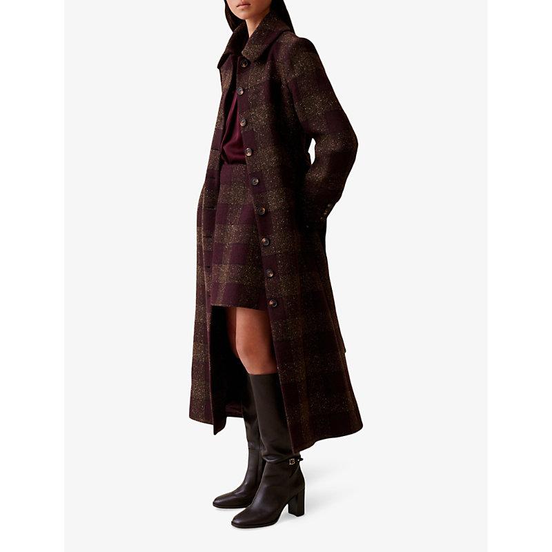 Checked tie-waist wool-blend coat