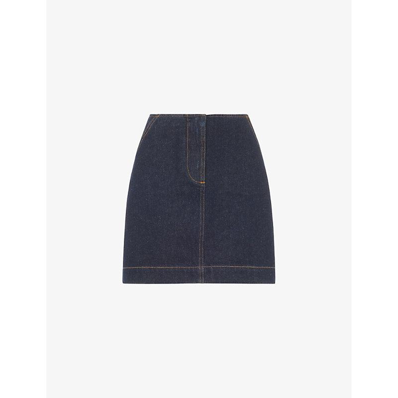 Contrast-stitch high-rise denim mini skirt