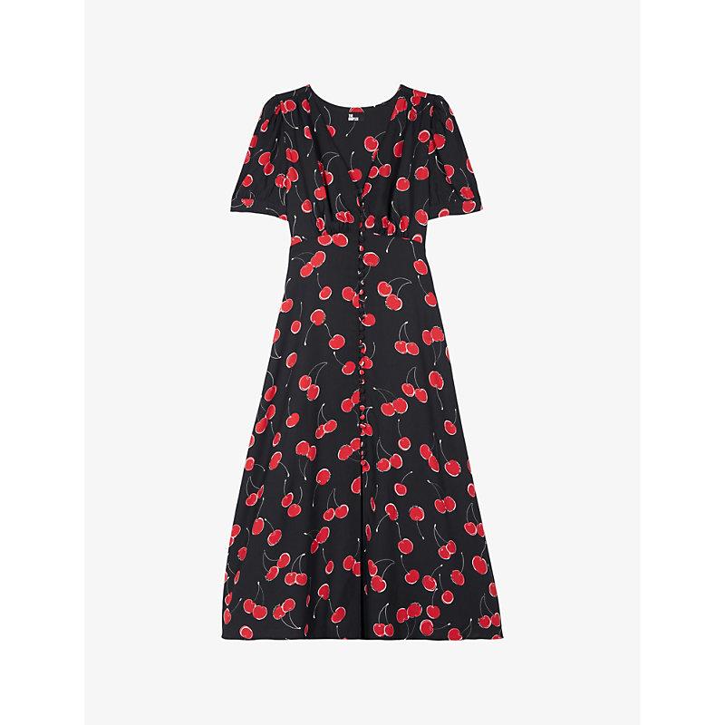 Cherry-print buttoned woven midi dress