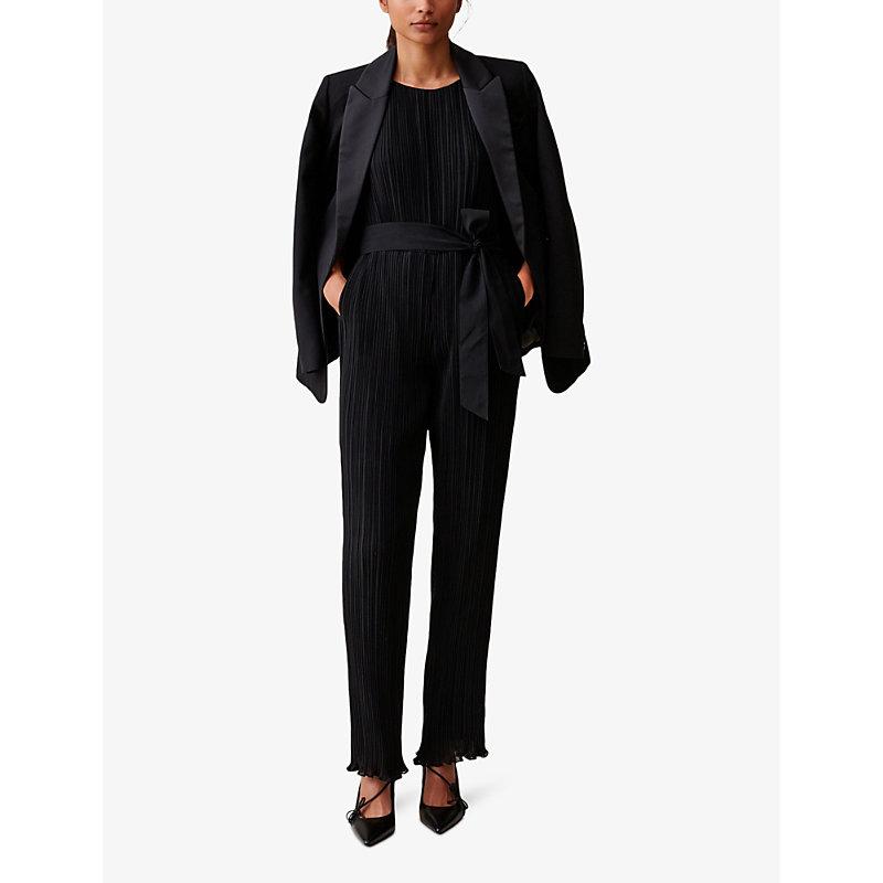 Boat-neck belted-waist pleated woven jumpsuit