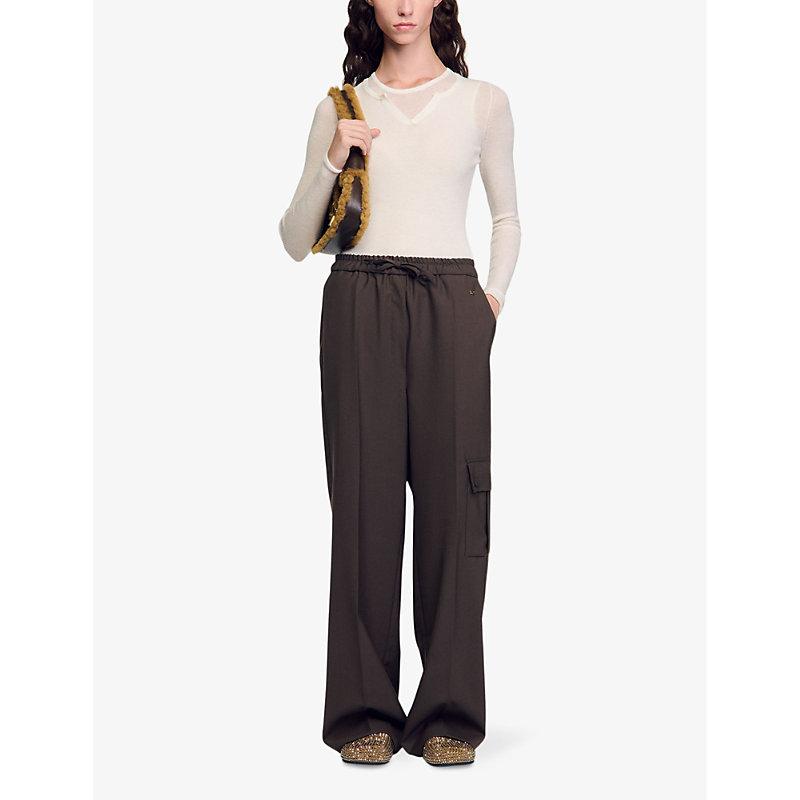 Drawstring straight-leg cargo woven trousers