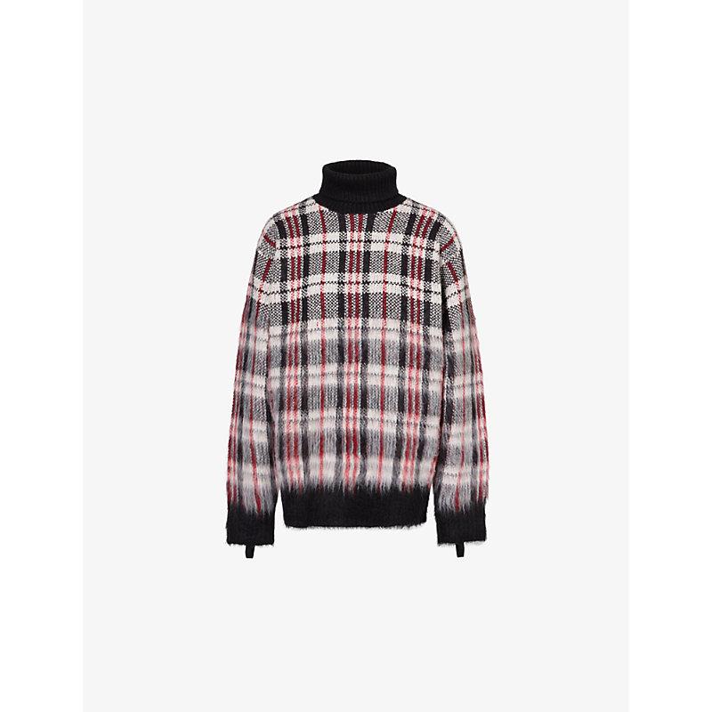 Chunky check-print brushed-panels knitted jumper