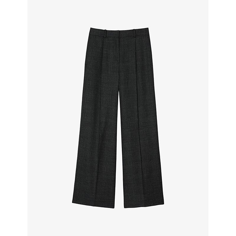 Wide-leg high-rise checked wool trousers