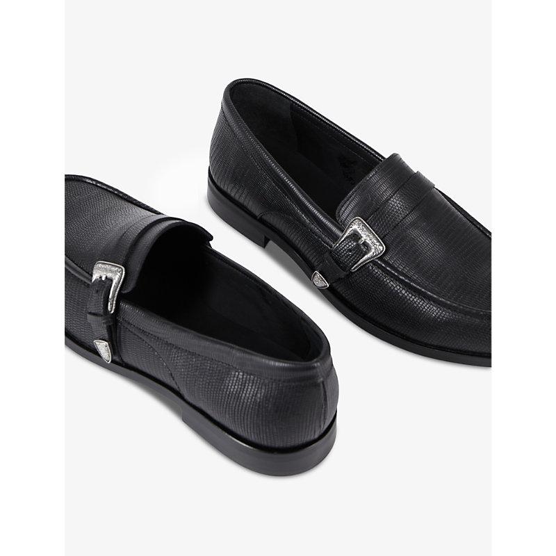 Western-buckle lizard-embossed leather loafers