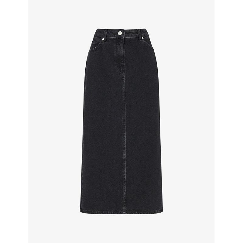 Faded-wash high-waist denim midi skirt