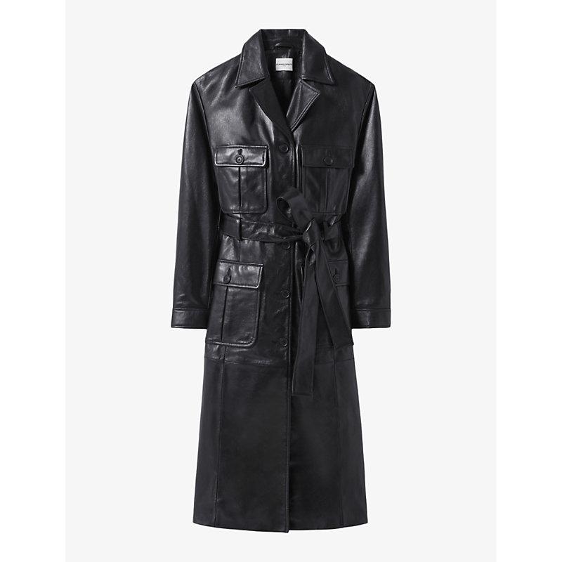 Patch-pocket belted-waist leather trench