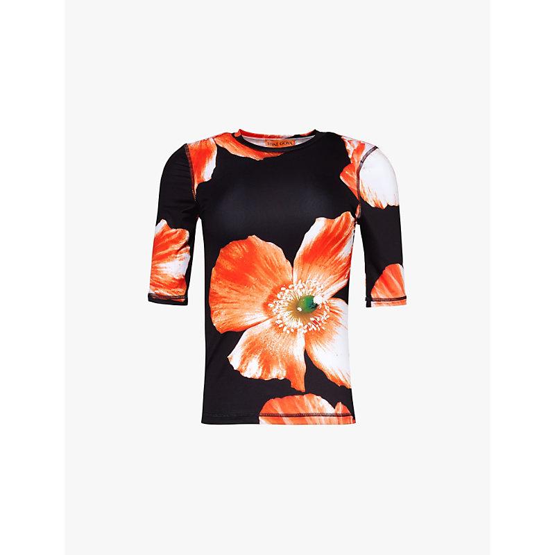 Floral-print slim-fit stretch-woven T-shirt