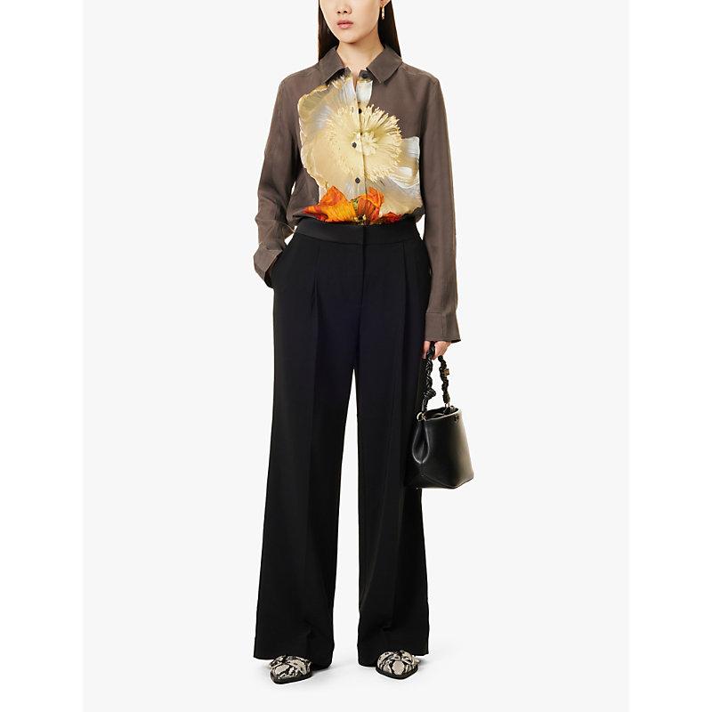 Satin-trim wide-leg high-rise recycled-polyester crepe trousers