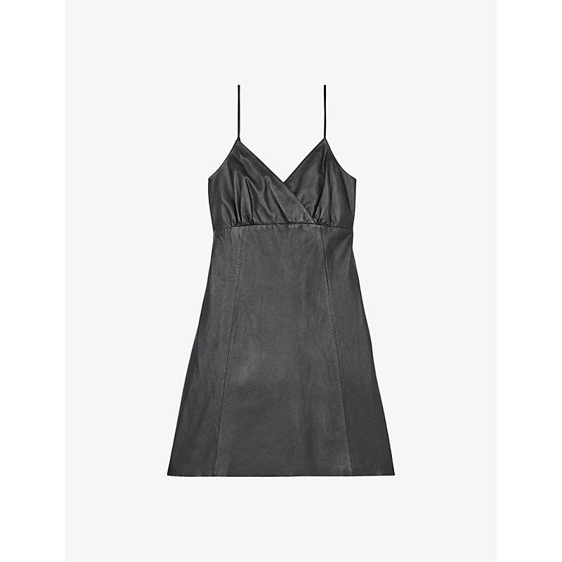 Crossed V-neck sheepskin-leather mini dress