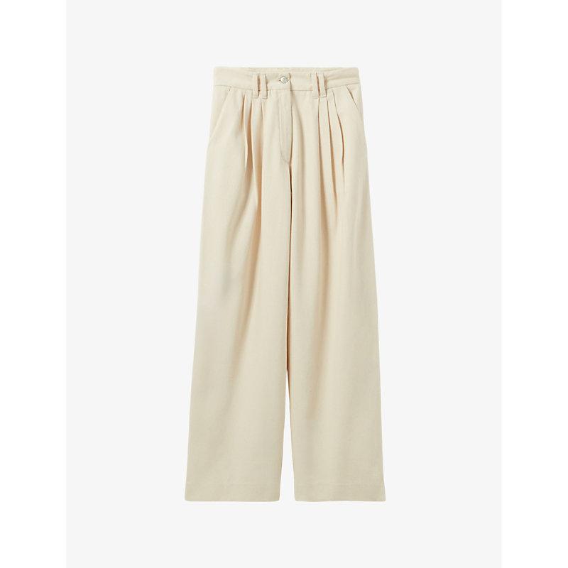 Wide-leg high-rise pleated denim trousers