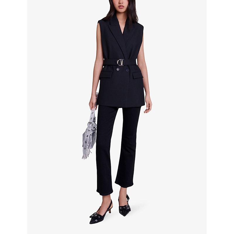 Belted-waist double-breasted sleeveless stretch-woven blazer