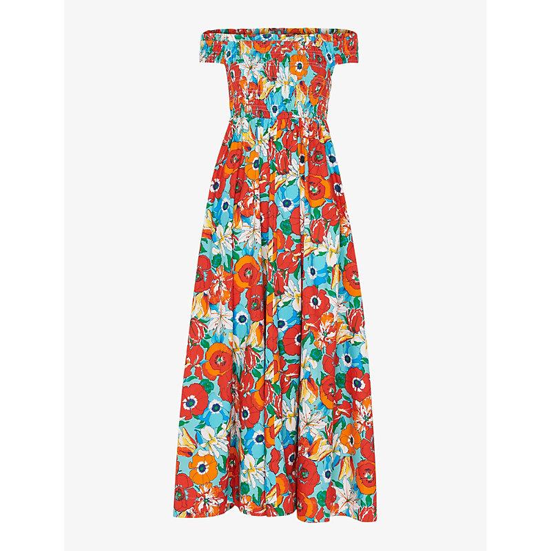 Tulip-print bardot-neck cotton maxi dress