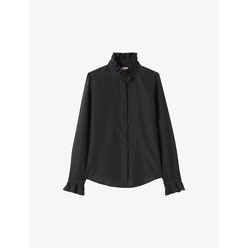 Ruffle-collar long-sleeve cotton-blend shirt