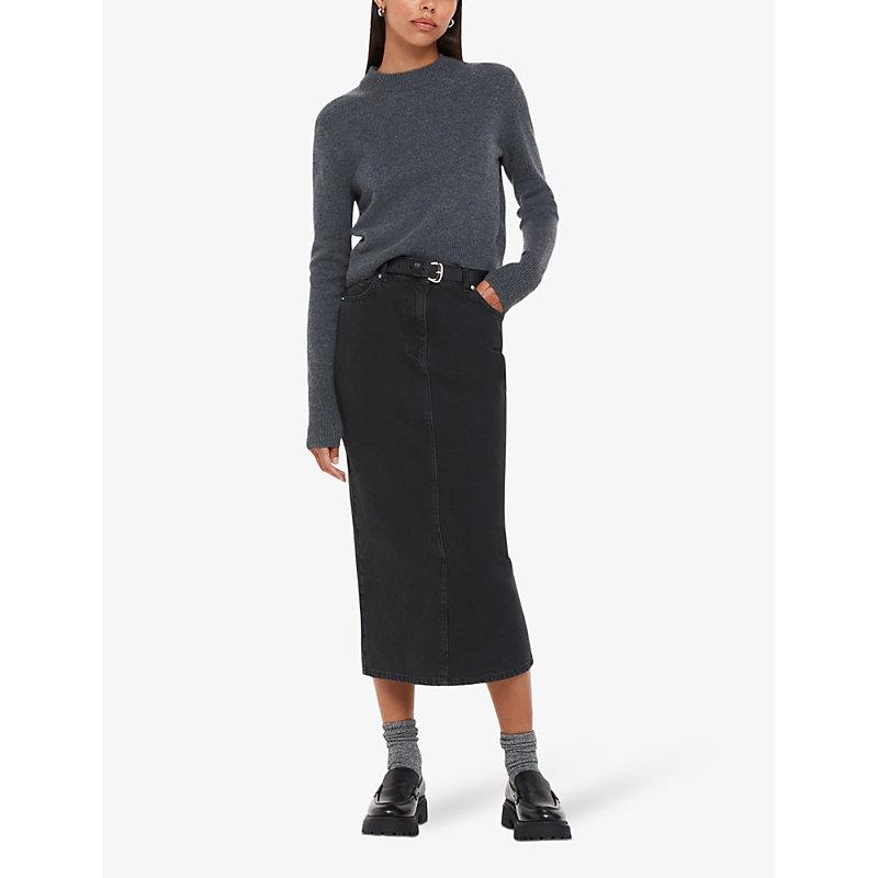 Faded-wash high-waist denim midi skirt