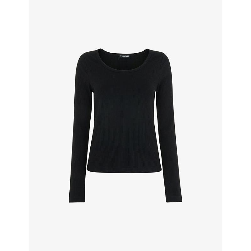 Slim-fit scoop-neck ribbed stretch-woven top