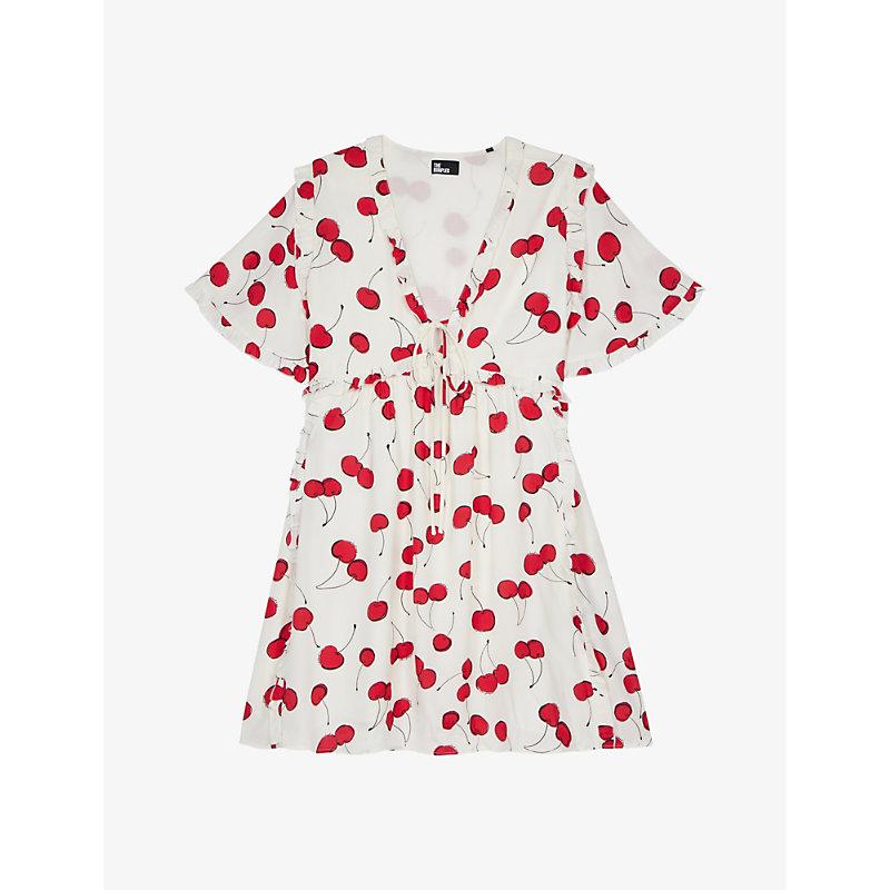 Cherry-printed empire-waist woven mini dress