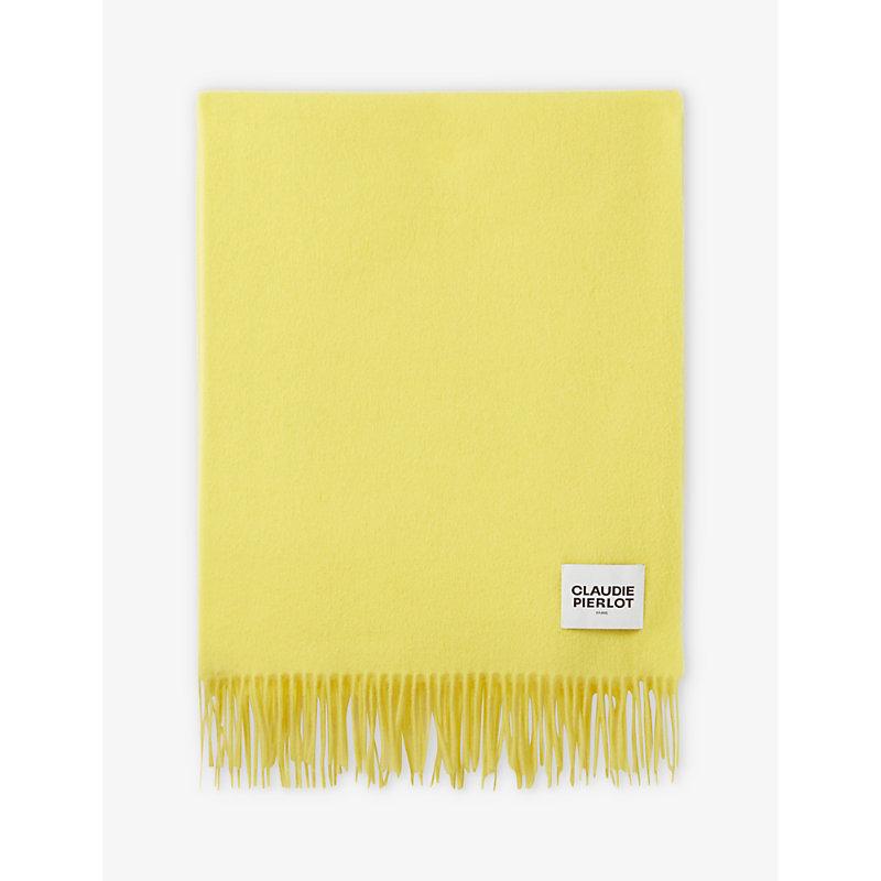 Logo-patch fringed-edge wool scarf