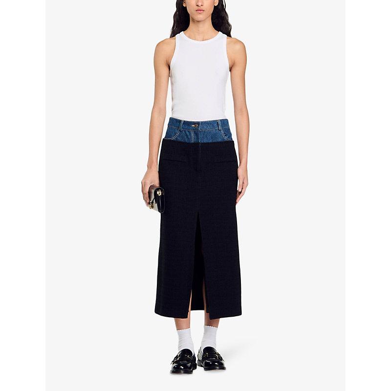 Denim-waist high-rise cotton-blend midi skirt