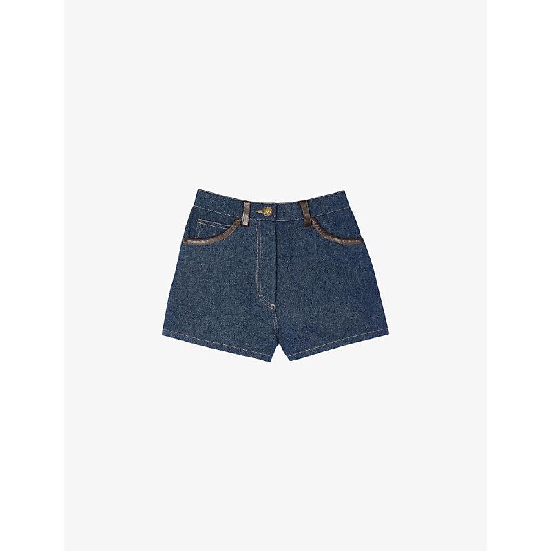 High-rise contrast-stitch leather-trim denim shorts