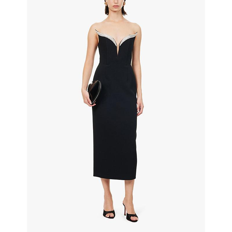 Crystal-embellished jewel-neckline strapless stretch-woven midi dress