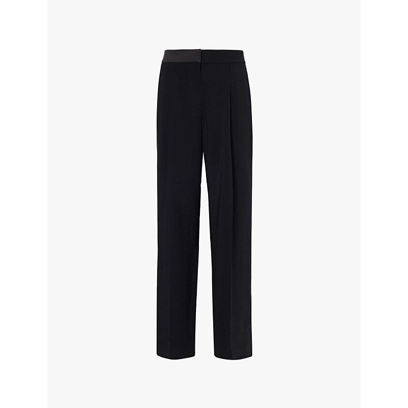 Satin-trim wide-leg high-rise recycled-polyester crepe trousers