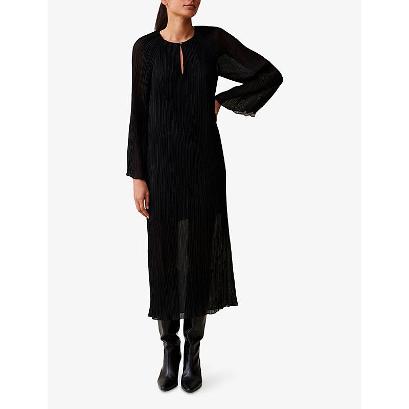 Button-neck long-sleeve pleated woven midi dress