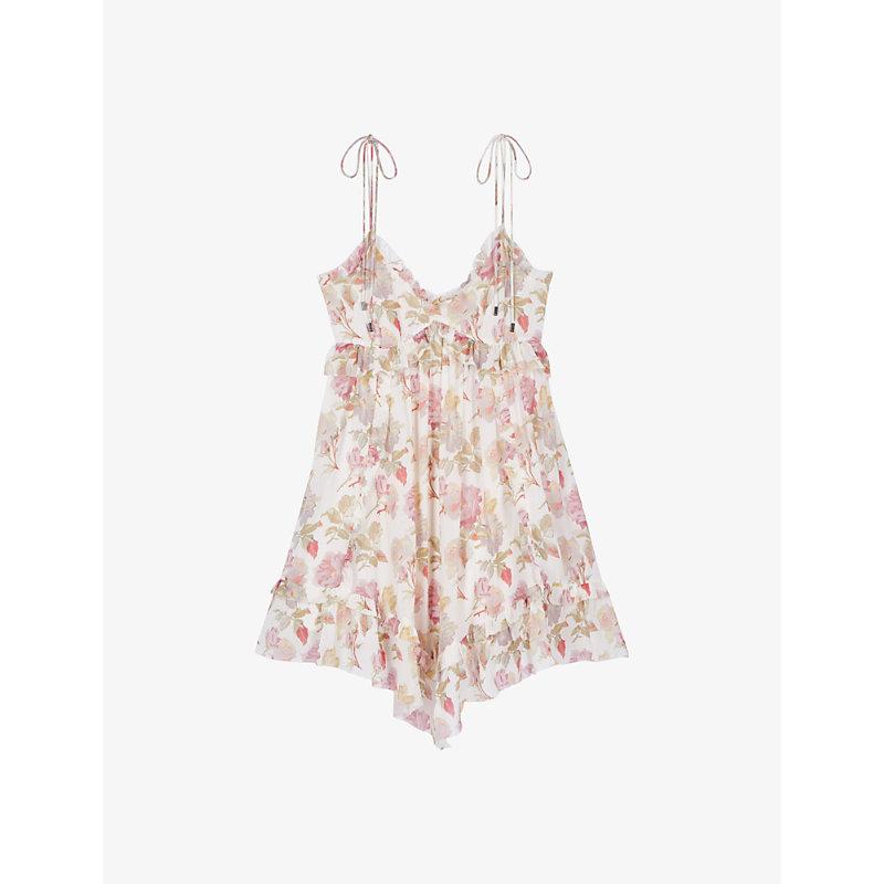 Floral-print ruffle-trim silk mini dress