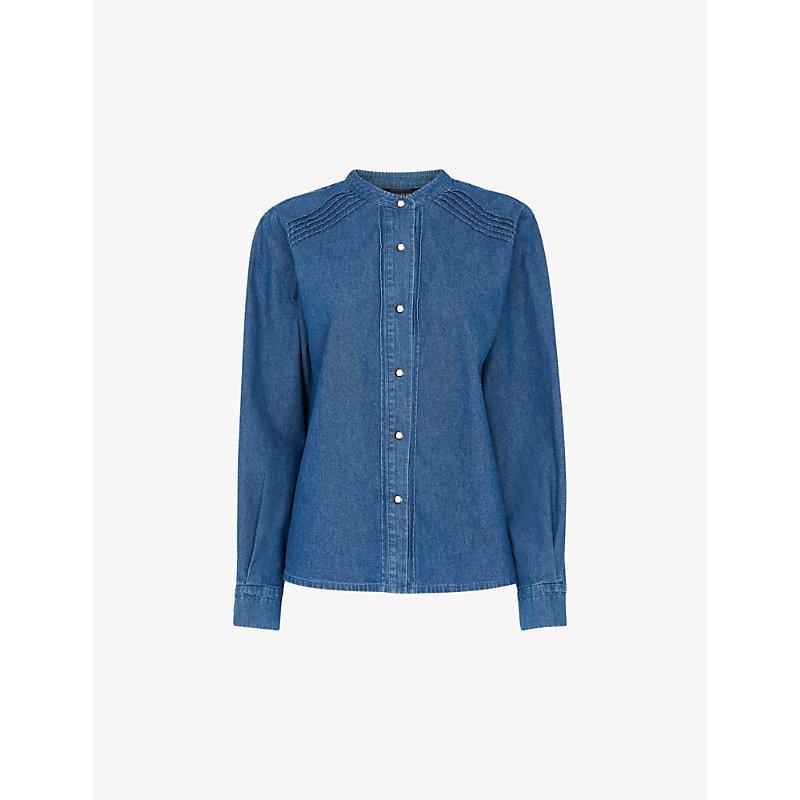 Pintuck-front long-sleeve denim shirt